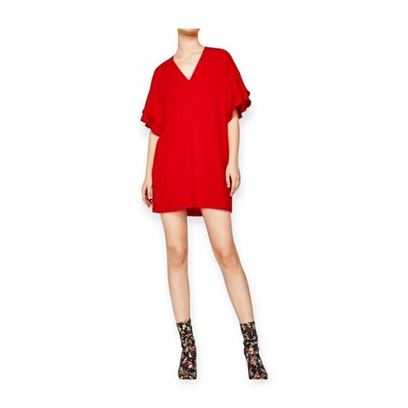 ZARA Red Shift Dress with Ruffle Sleeves Size XS - Picture 10 of 10